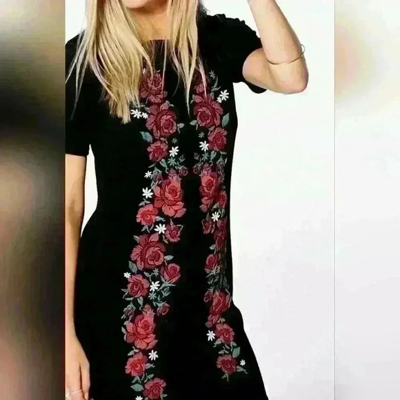NEW NWT Boohoo Women's Mila Rose Printed Embroidered Shift Dress  Sz 4 US, 8 UK - Picture 2 of 9